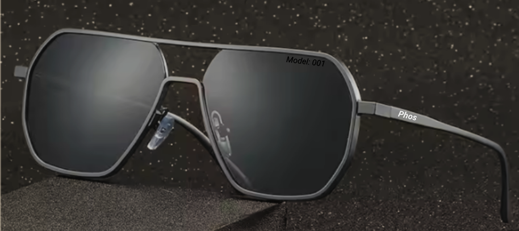 Phos bold black photochromic sunglasses, open and displayed on a dark, stylish background.