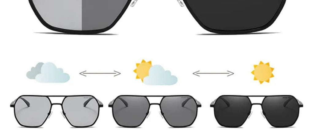 Phos polarized photochromic sunglasses showing lenses transitioning from clear to dark, demonstrating the photochromic technology